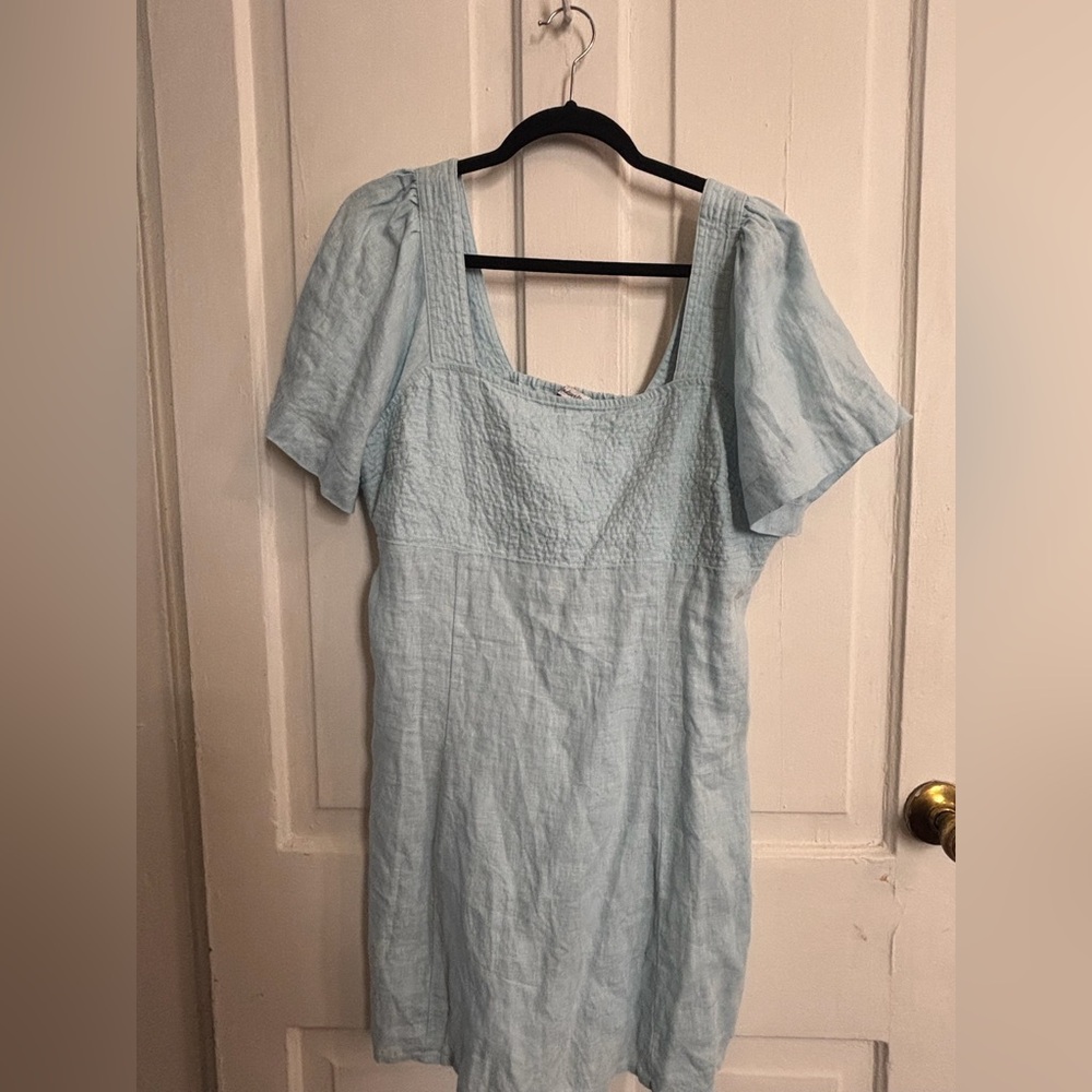 100% linen Madewell square neck, mini dress, size 12, teal/green/mint